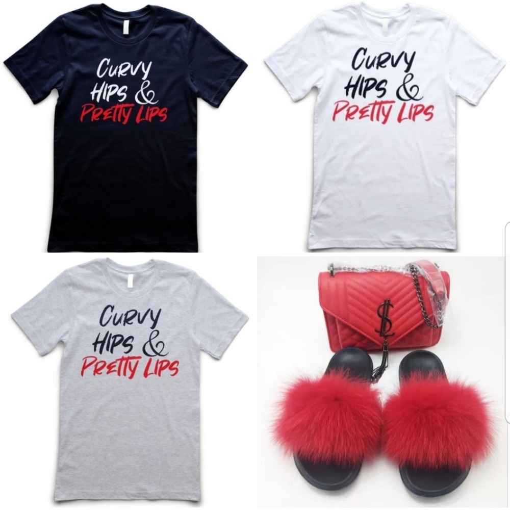 SHIRT, FURRY SLIDES, AND PURSE BUNDLE